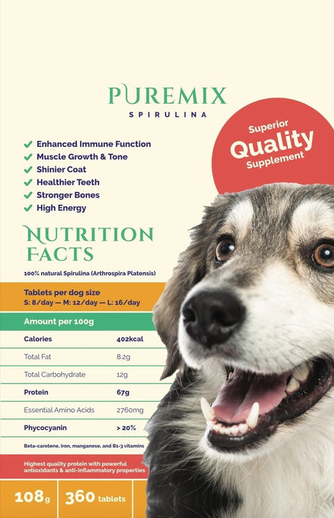 Supliment Caini PUREMIX Spirulina Naturala, 360 tablete, Proteine 90%, Antioxidanti image 0