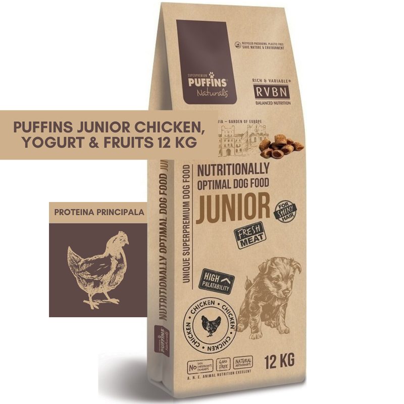 Hrana caini PUFFINS Naturals Junior 16185, pui iaurt fructe, 12kg, 30% proteine image 0