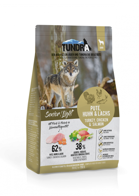 Hrana caini TUNDRA Dog Senior Light 16144, curcan pui somon, 62% carne, 750g, fara cereale image 0
