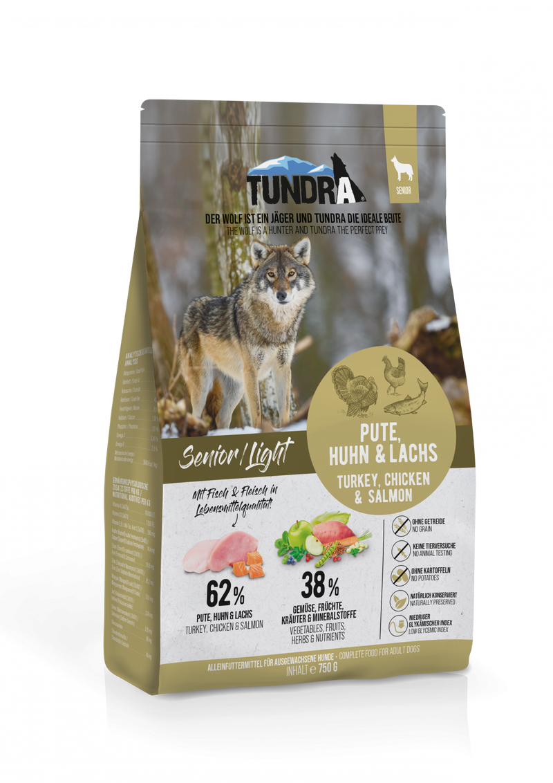 Hrana caini TUNDRA Dog Senior Light 16144, curcan pui somon, 62% carne, 750g, fara cereale image 0