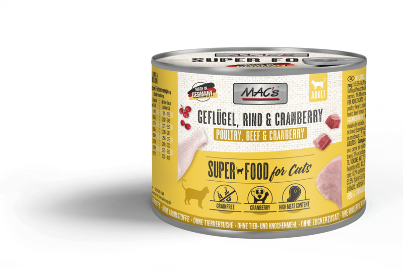 Hrana umeda pisici MACs Cat 200g, carne pasare 53.5%, carne vita 42.3%, merisoare, fara cereale image 0